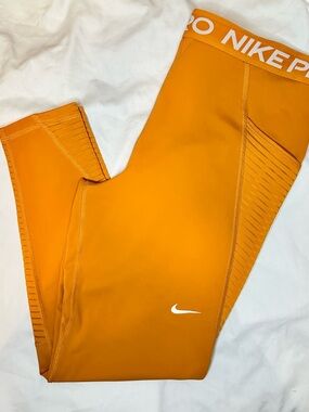 Nike Pro Leggings Womens Large Mustard Yellow High Rise Athletic Workout